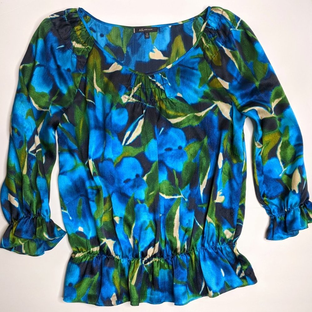 Anne Klein Dk Green & Turquoise Blouson Floral Top